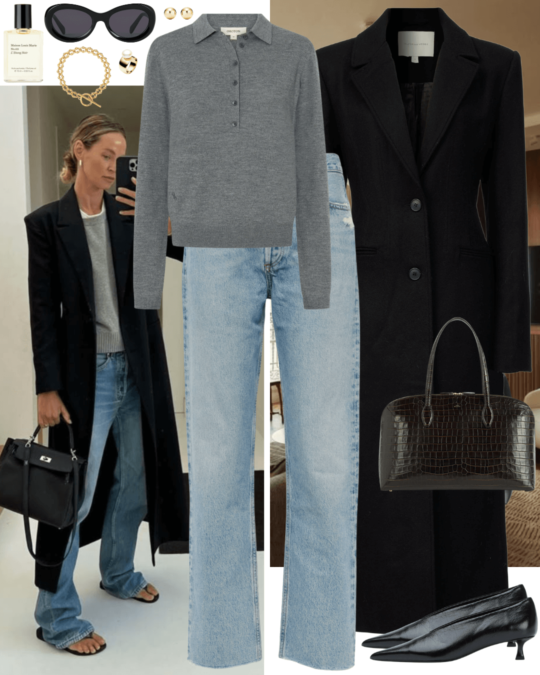 Black coat with grey jumper, jeans and black heels