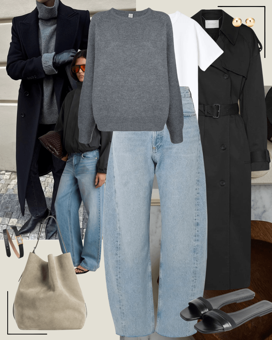 Brown coat with white shirt, jeans and black heels