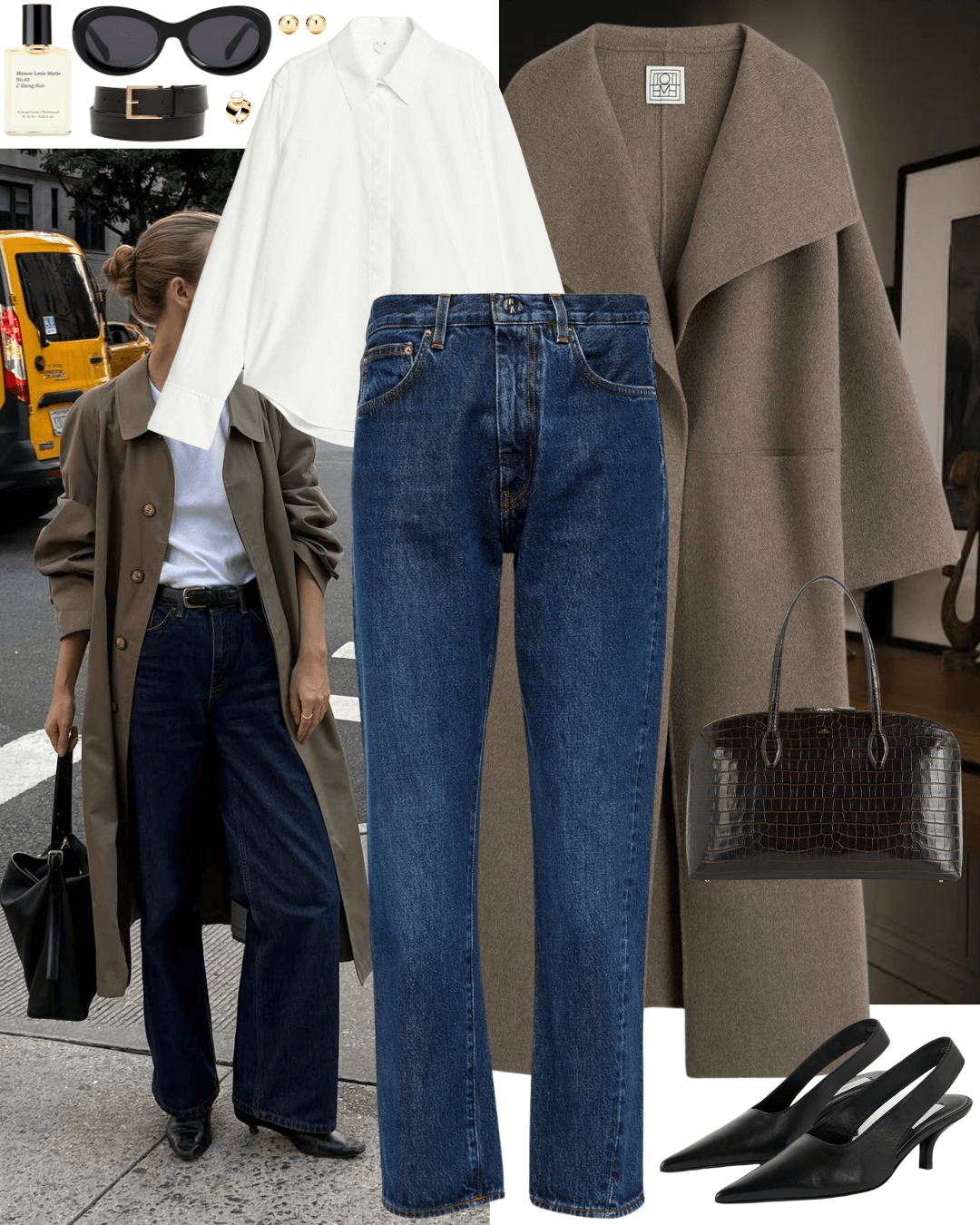 Brown coat with white shirt, jeans and black heels