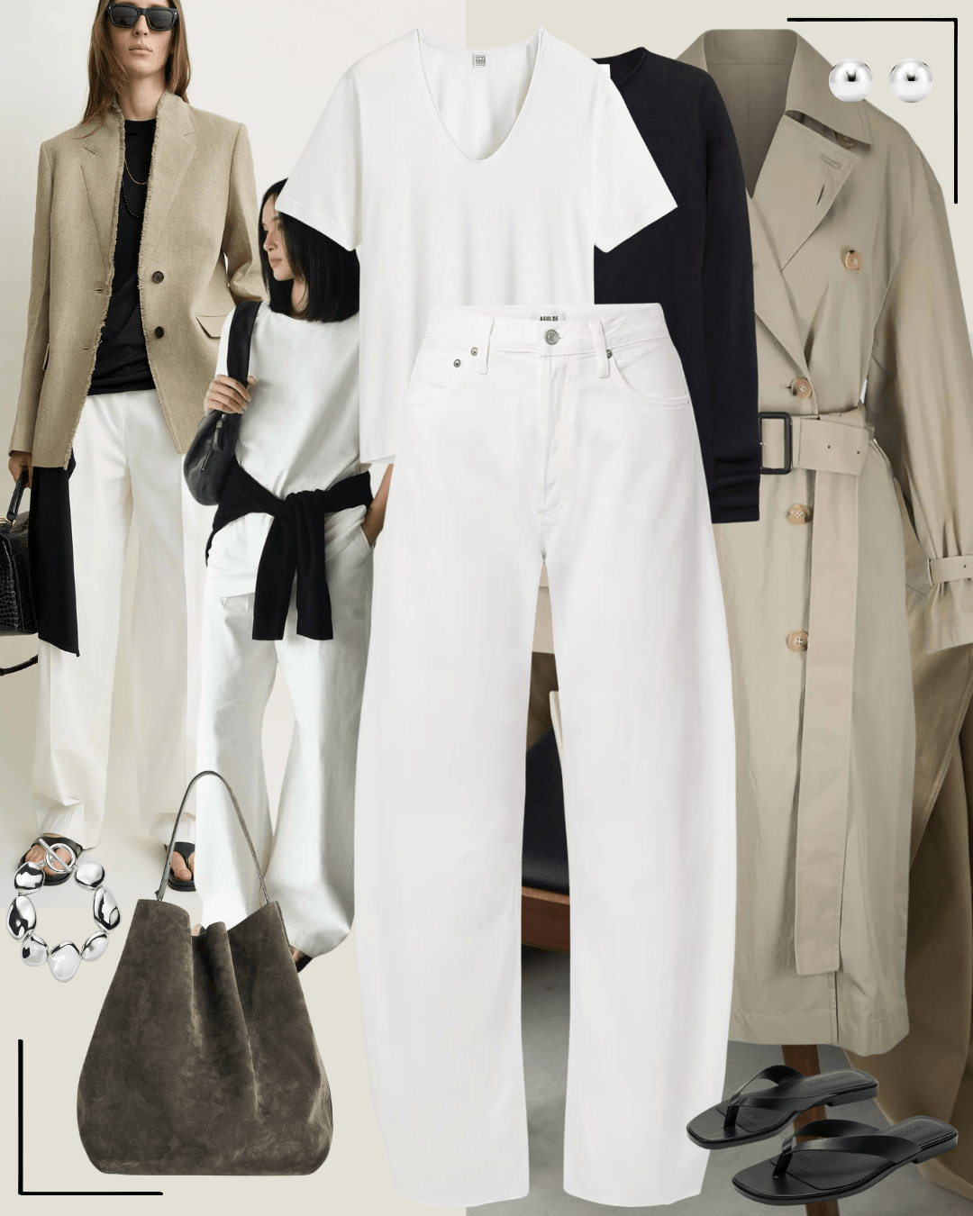 Brown blazer with white shirt, jeans and black heeled sandals