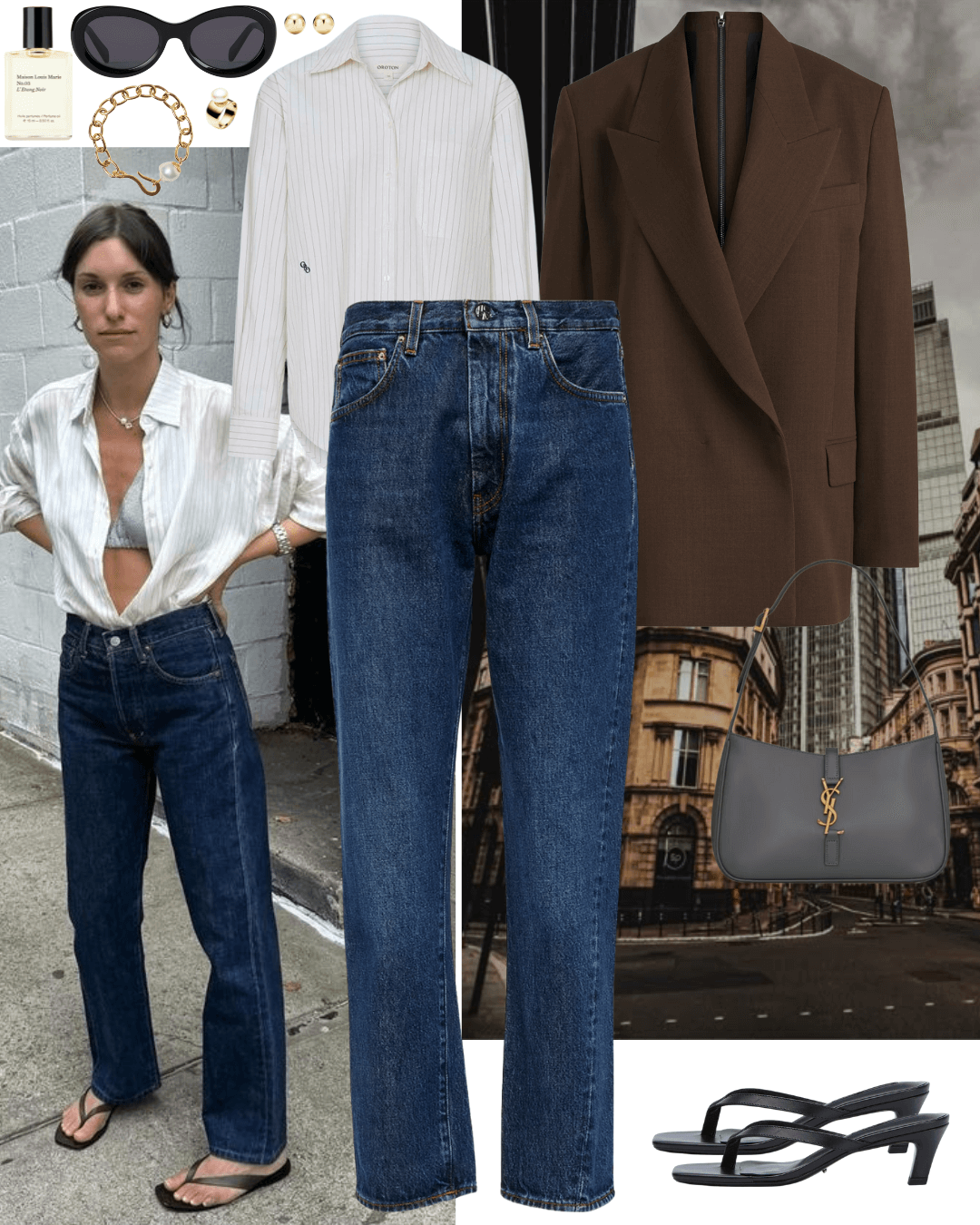 Brown blazer with white shirt, jeans and black heeled sandals