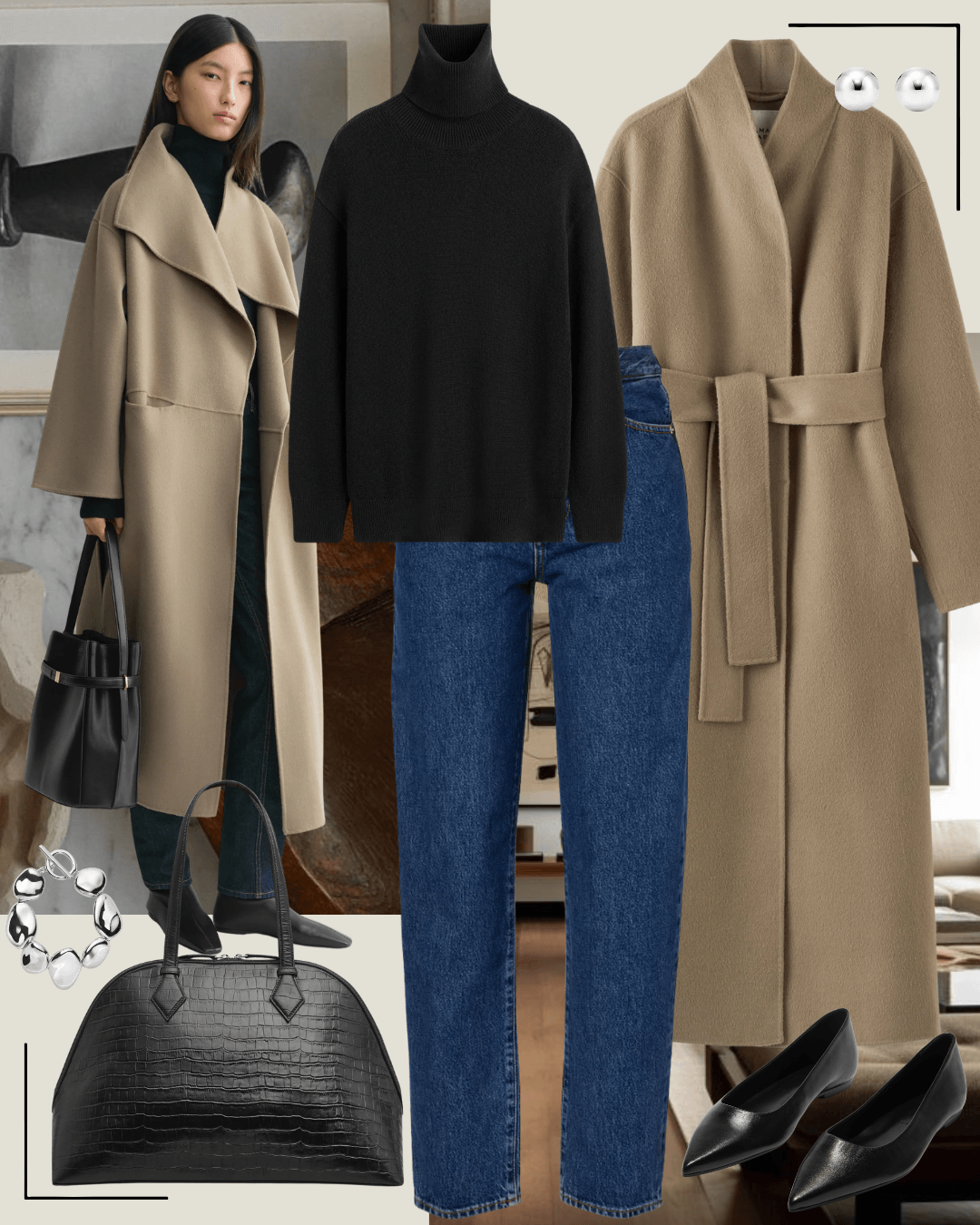 Brown coat with black jumper, jeans and black heels
