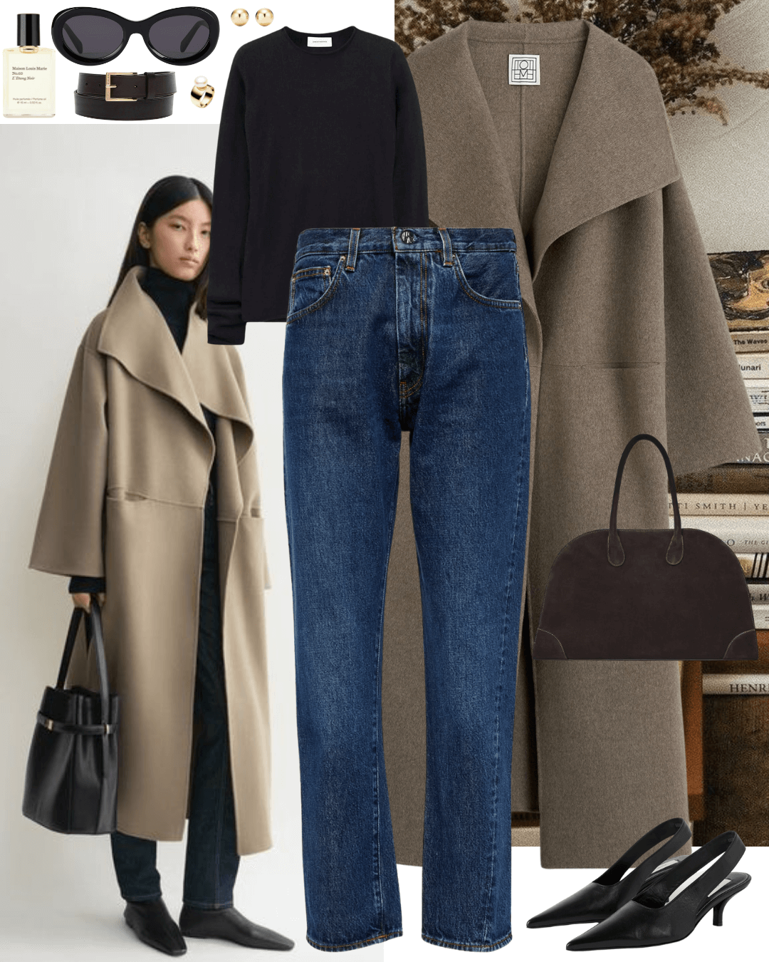 Brown coat with black jumper, jeans and black heels