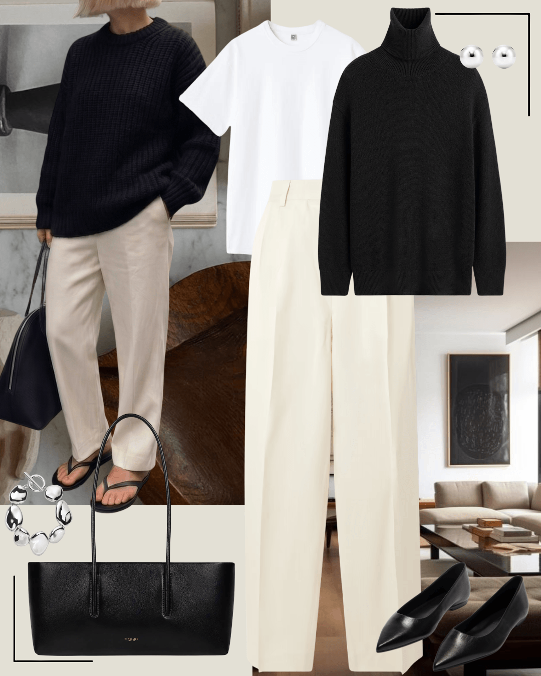 Brown coat with black jumper, white jeans and black heels