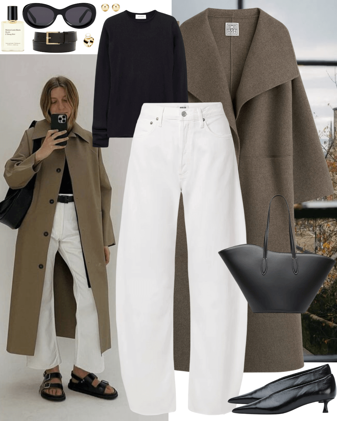 Brown coat with black jumper, white jeans and black heels