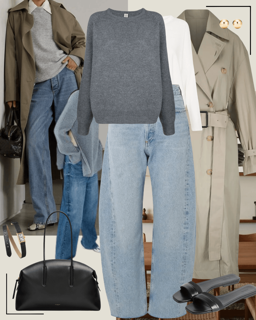 Beige coat with white shirt, jeans and black heels