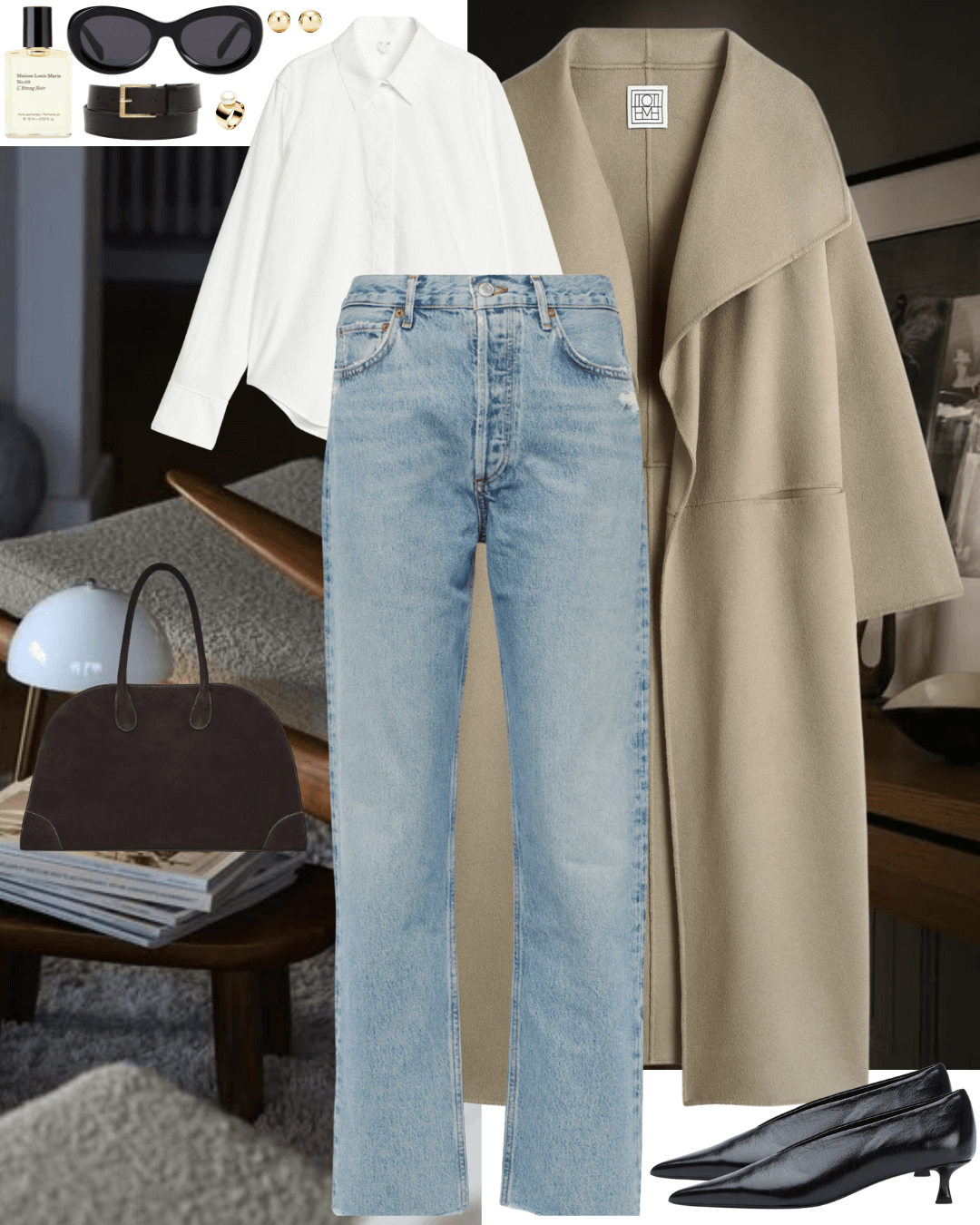 Beige coat with white shirt, jeans and black heels