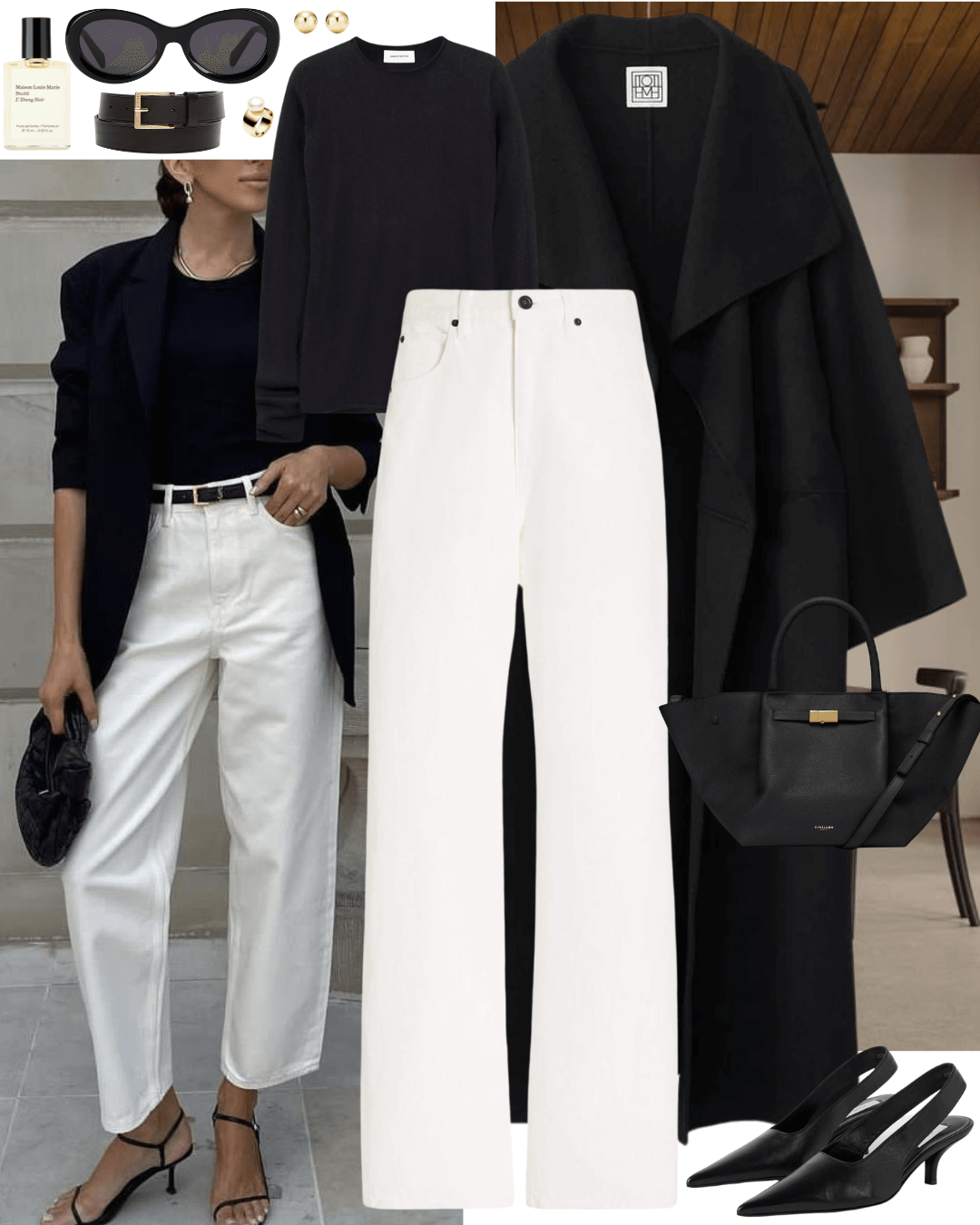 Black coat with black jumper, white jeans and black heels