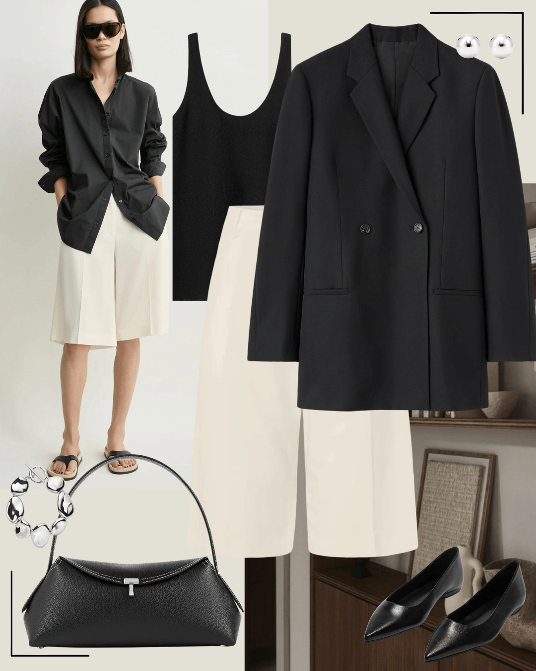 Black blazer, black singlet top, cream long shorts, black Aeyde flats, Toteme bag
