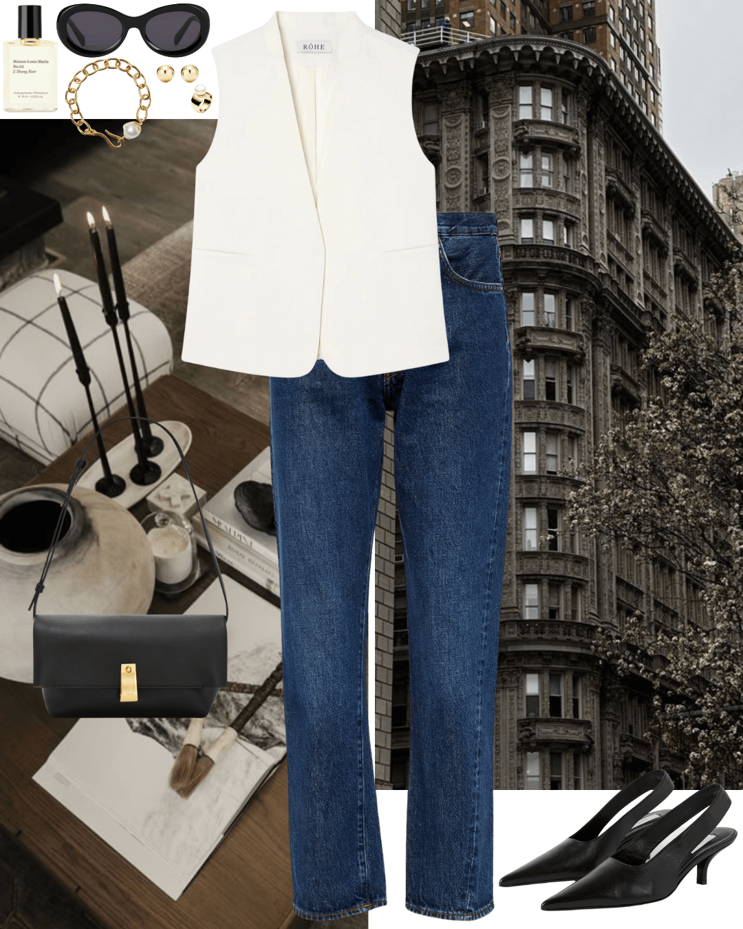 Cream vest with jeans and black heels