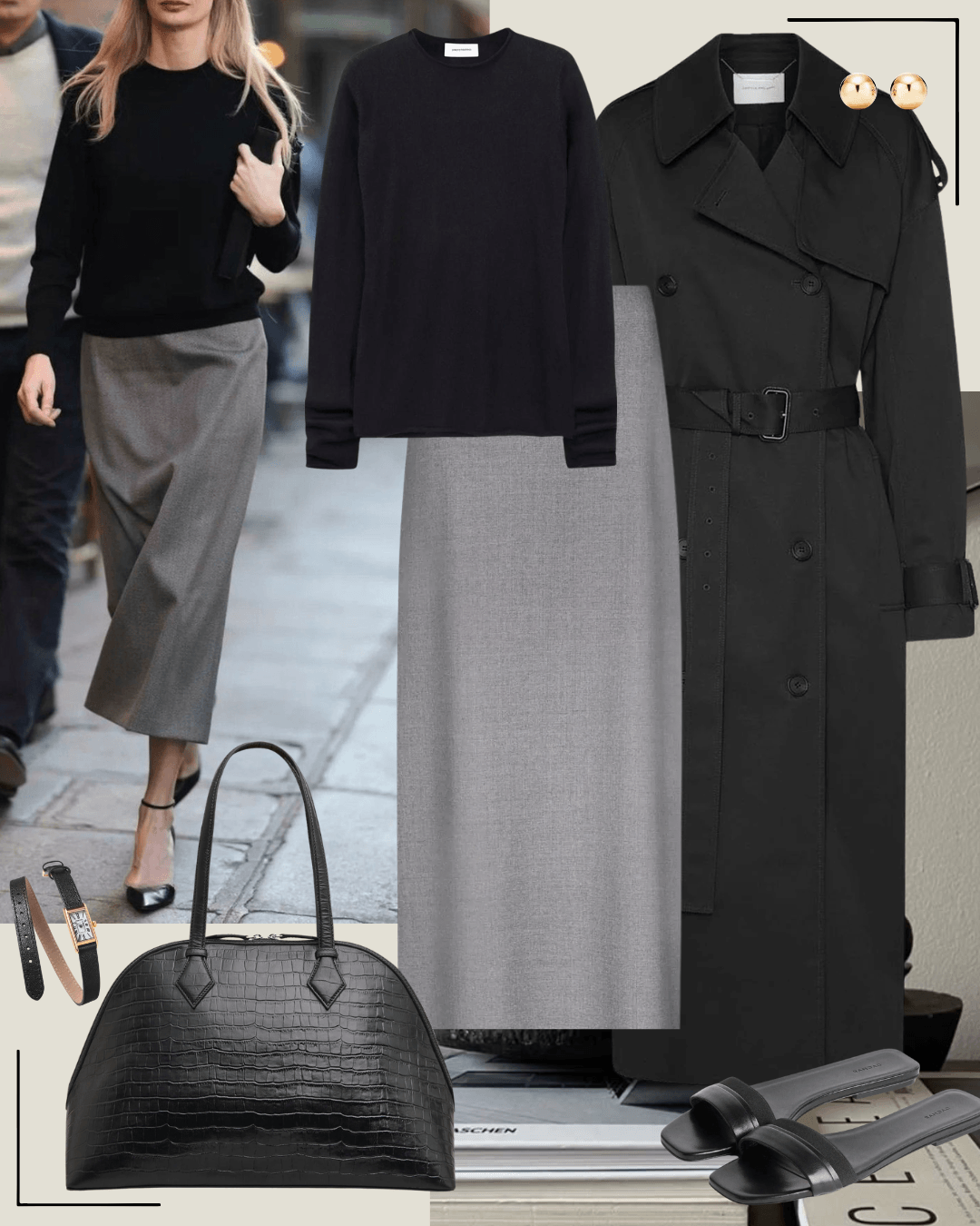 Black coat with grey jumper, white jeans and black heels