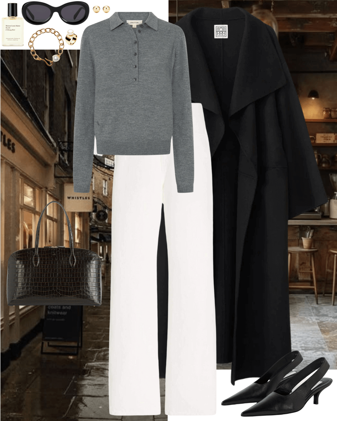 Black coat with grey jumper, white jeans and black heels