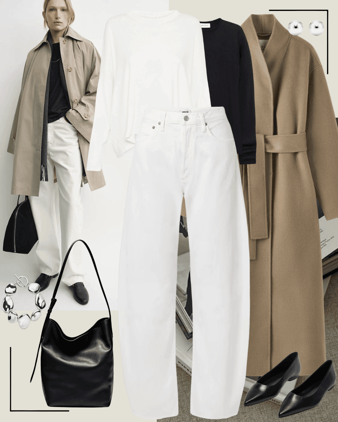 Black coat with white shirt, white jeans and black heeled sandals