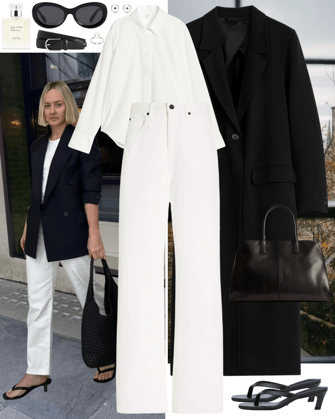 Black coat with white shirt, white jeans and black heeled sandals