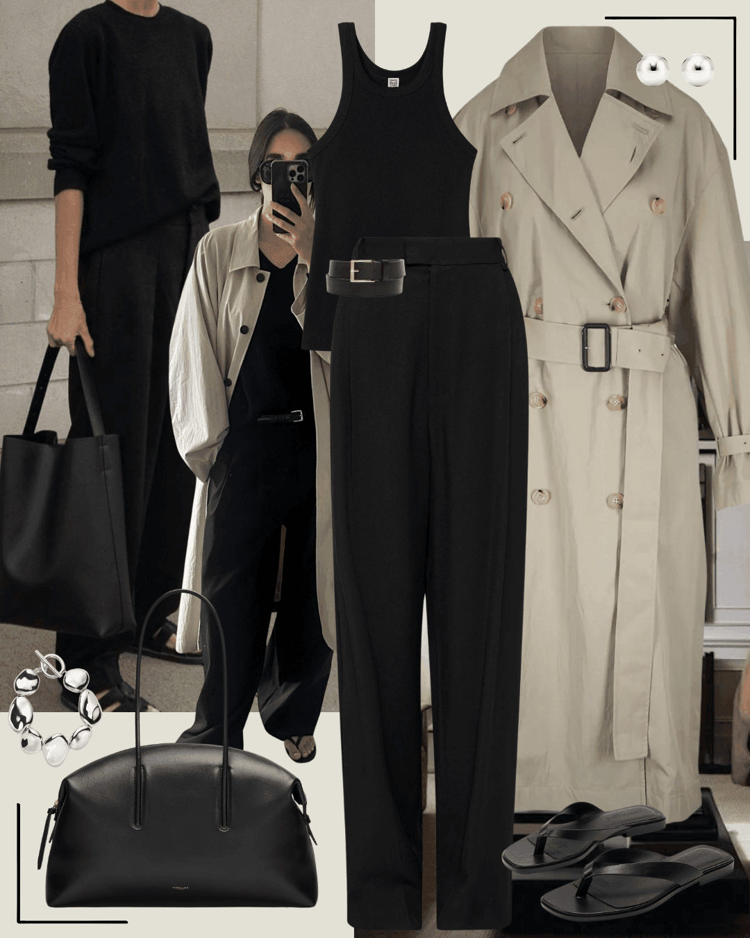Black coat with white shirt, black pants and black heels