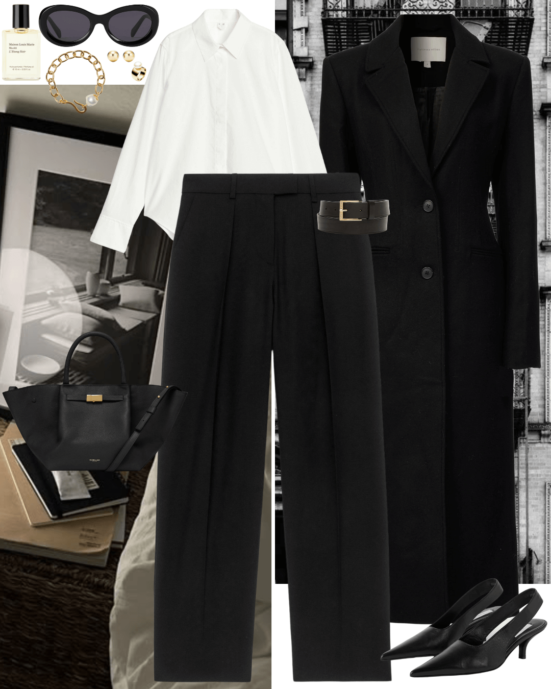 Black coat with white shirt, black pants and black heels