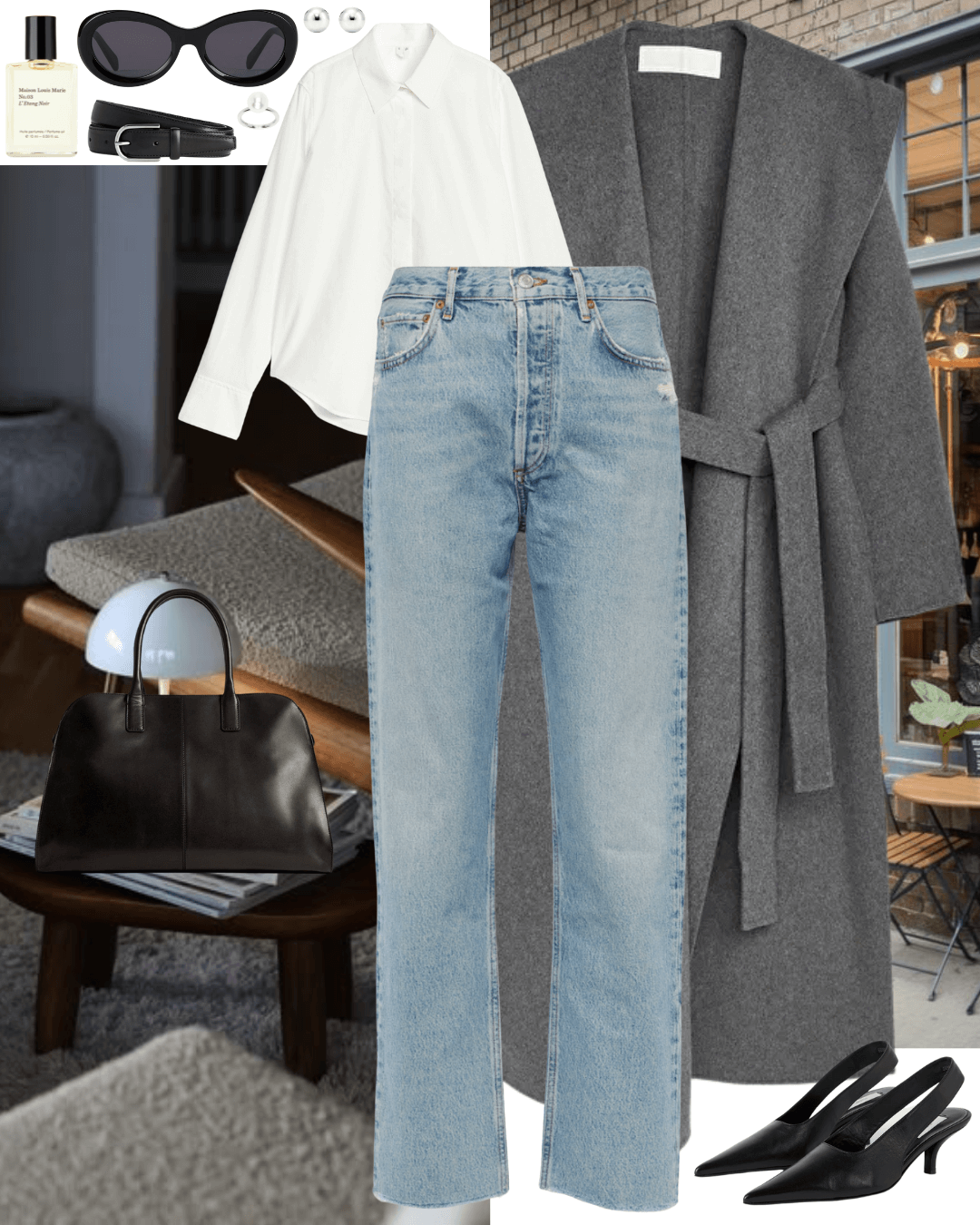 Grey coat with white shirt, jeans and black heels