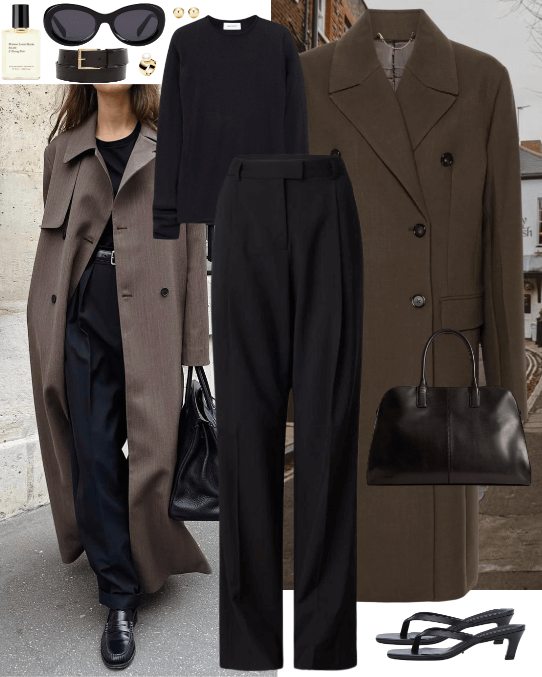 Brown coat with black jumper, black pants and black heeled sandals