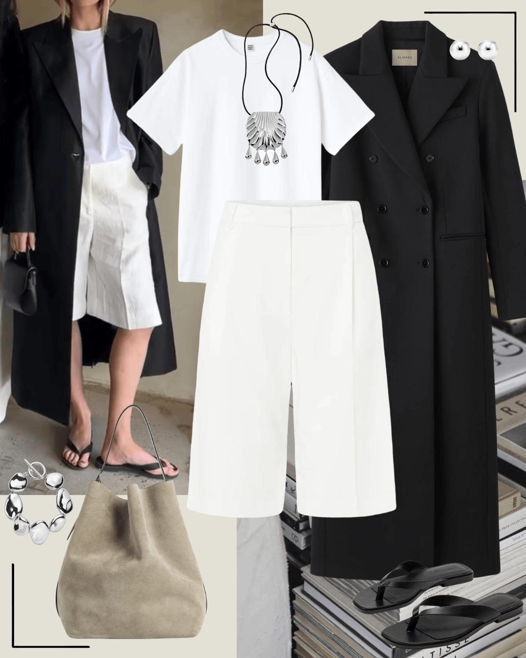 Brown coat with white shirt, black tailored pants and black heels