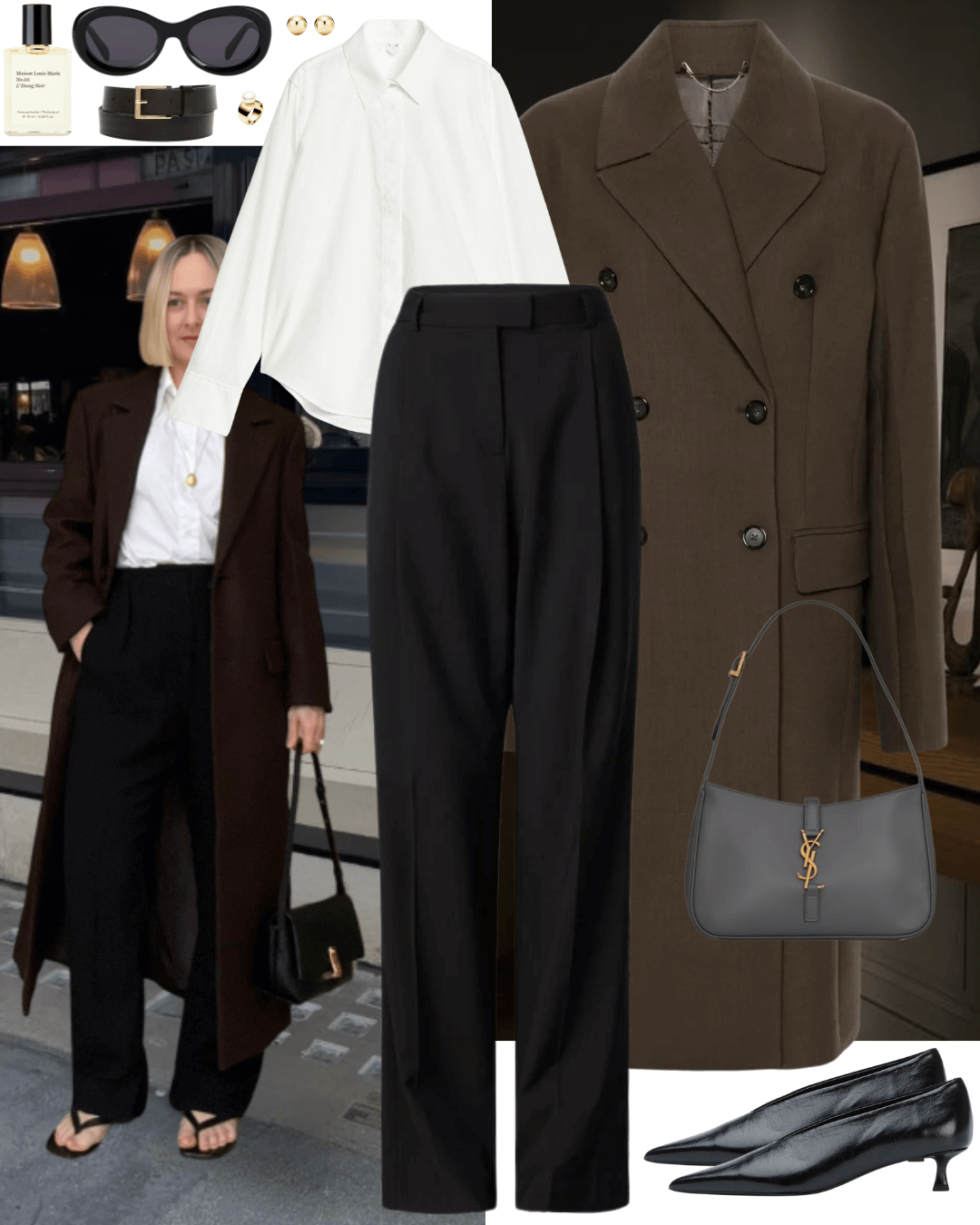 Brown coat with white shirt, black tailored pants and black heels
