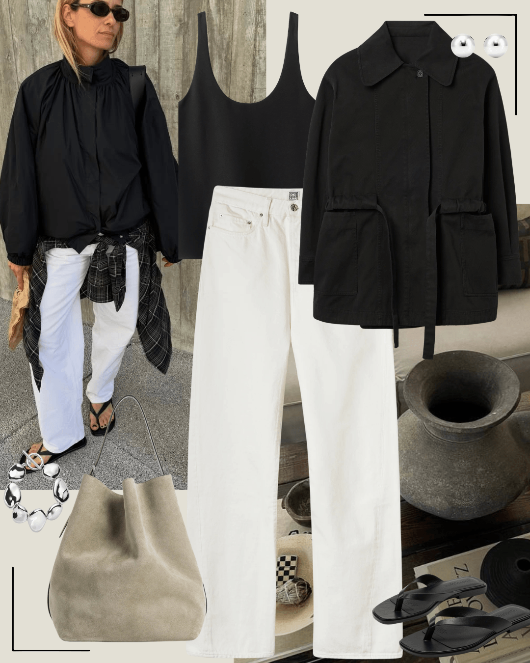 Black coat with grey jumper, black tailored pants and black heels