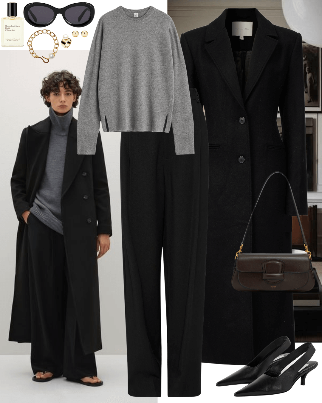Black coat with grey jumper, black tailored pants and black heels