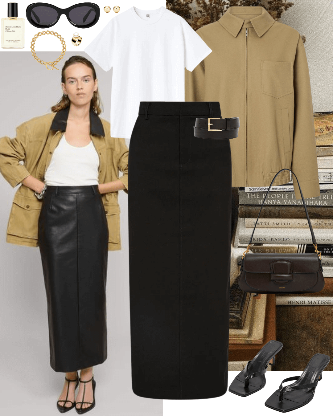 Beige jacket with white t-shirt, black pencil skirt and black heeled sandals