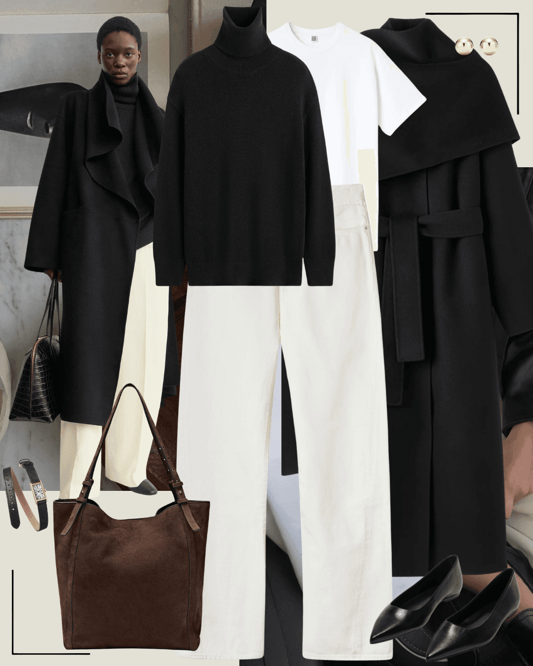 Black coat with white shirt, black pencil skirt and black heels