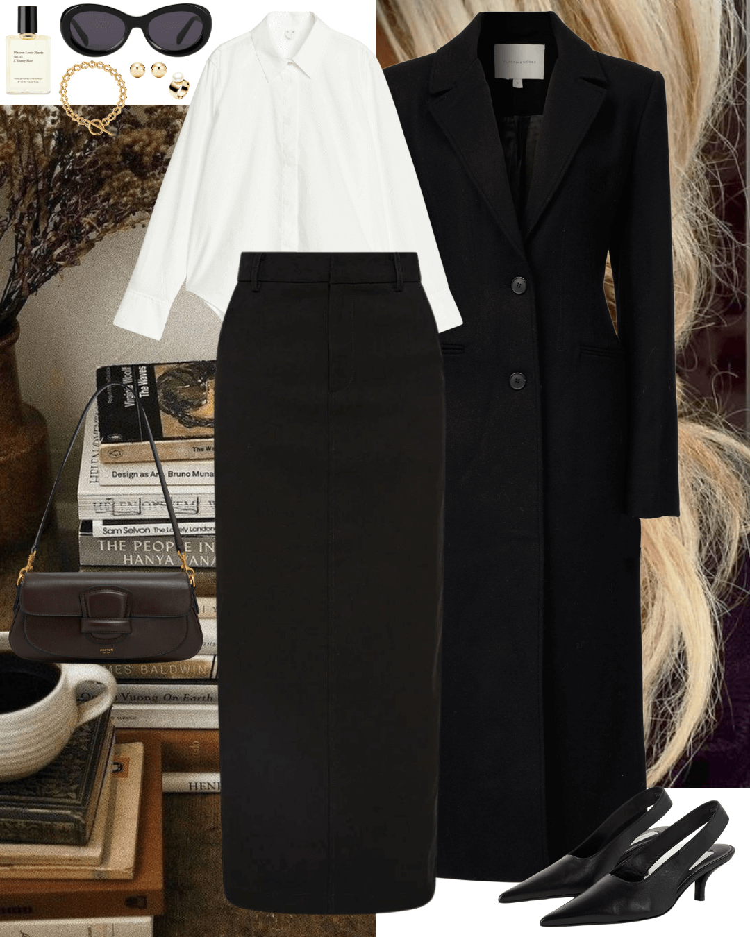 Black coat with white shirt, black pencil skirt and black heels