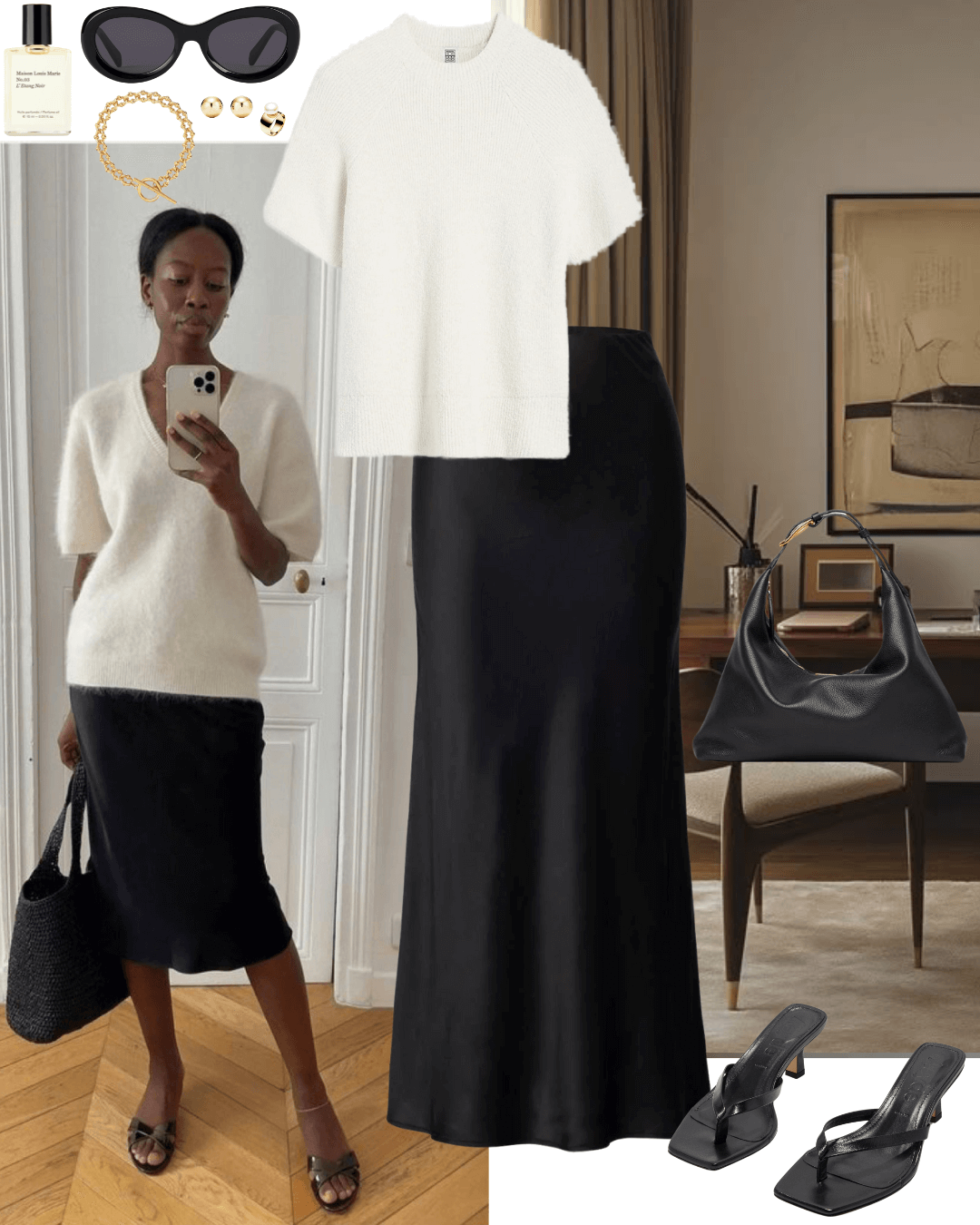 Toteme cream knit top with black silk midi skirt and black heeled sandals