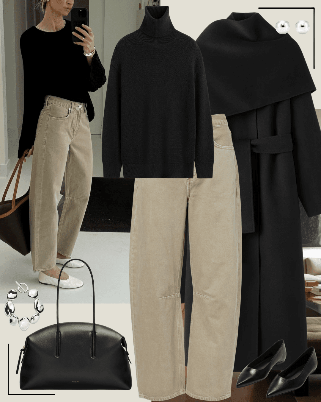 Black coat with white shirt and cream pants with black heeled sandals