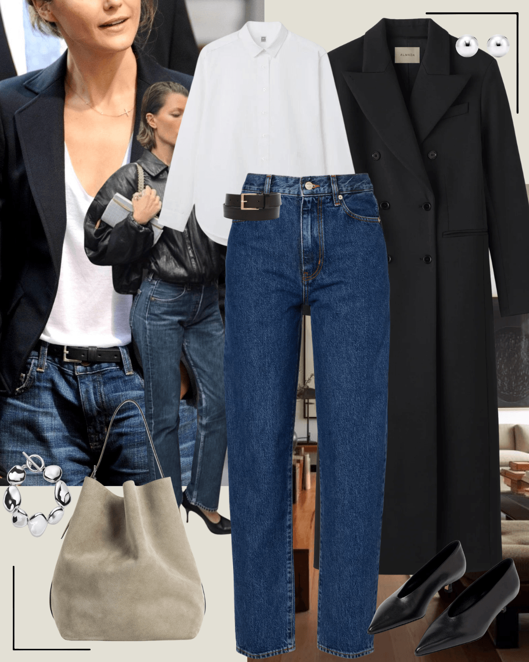 Black Almada coat, Frame jeans, white shirt work outfit