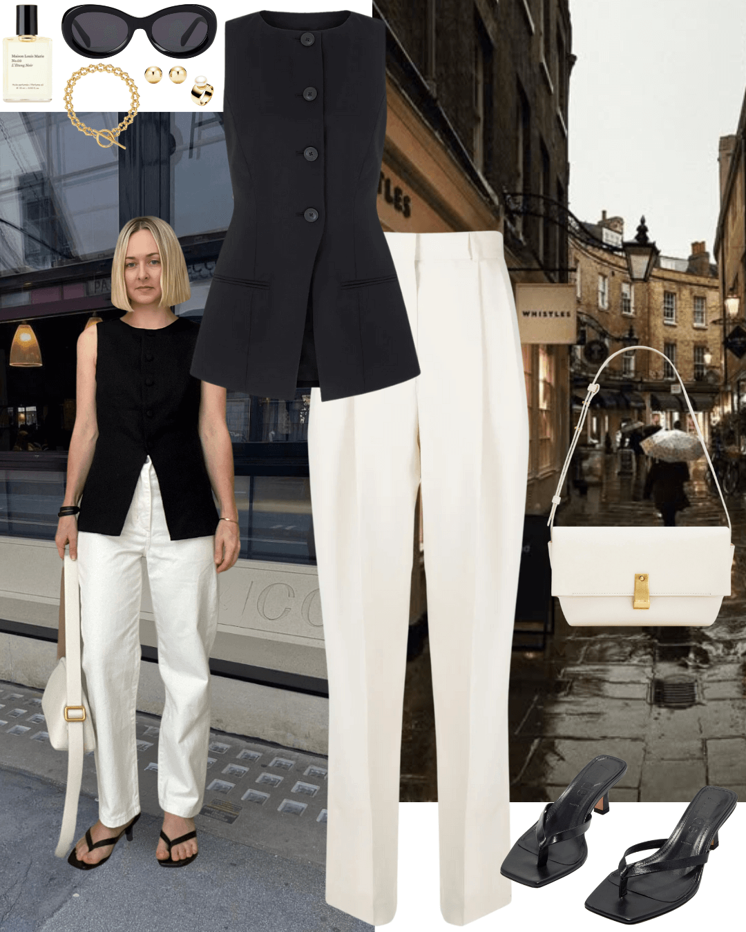 Black vest with cream tailored pants and black heeled sandals