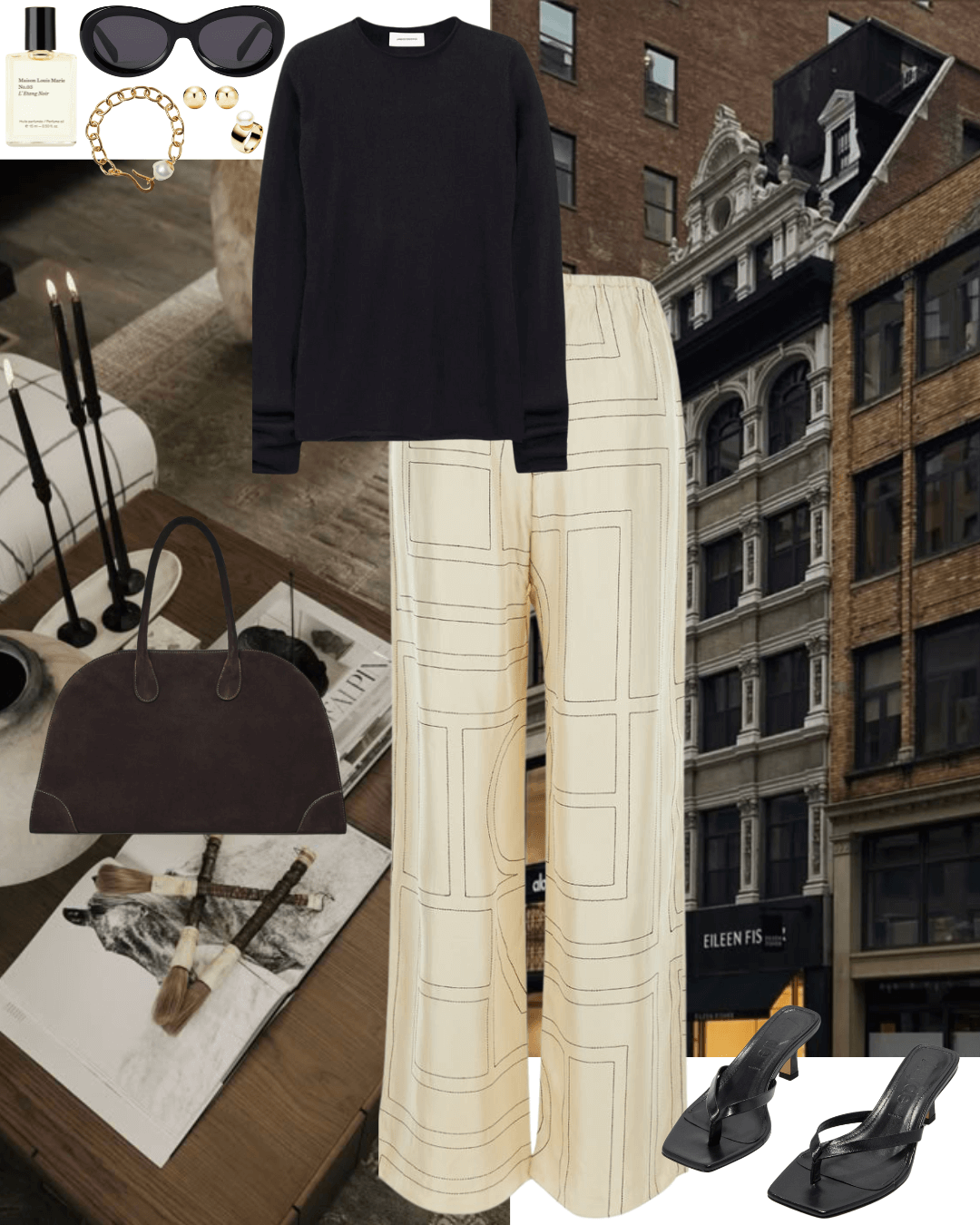 Black jumper with Toteme silk pants and black heeled sandals