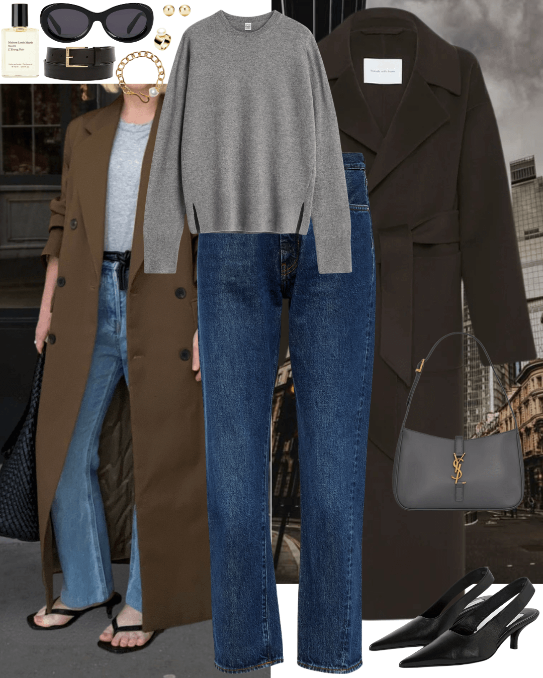 Brown coat with grey jumper, jeans and black heels