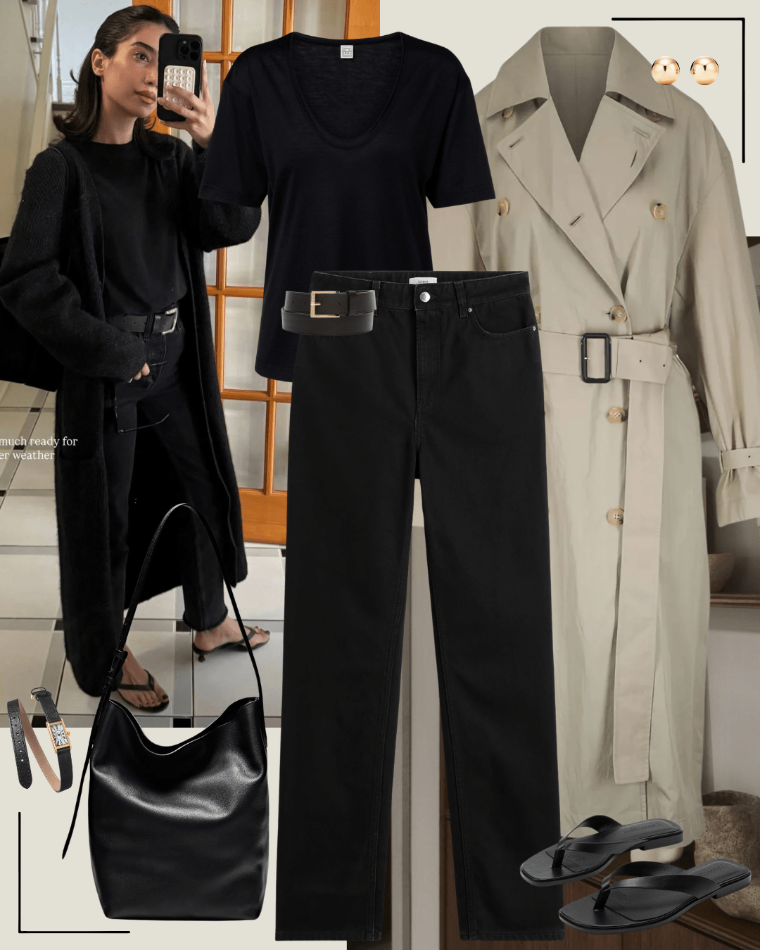 Brown coat with grey jumper, jeans and black heels