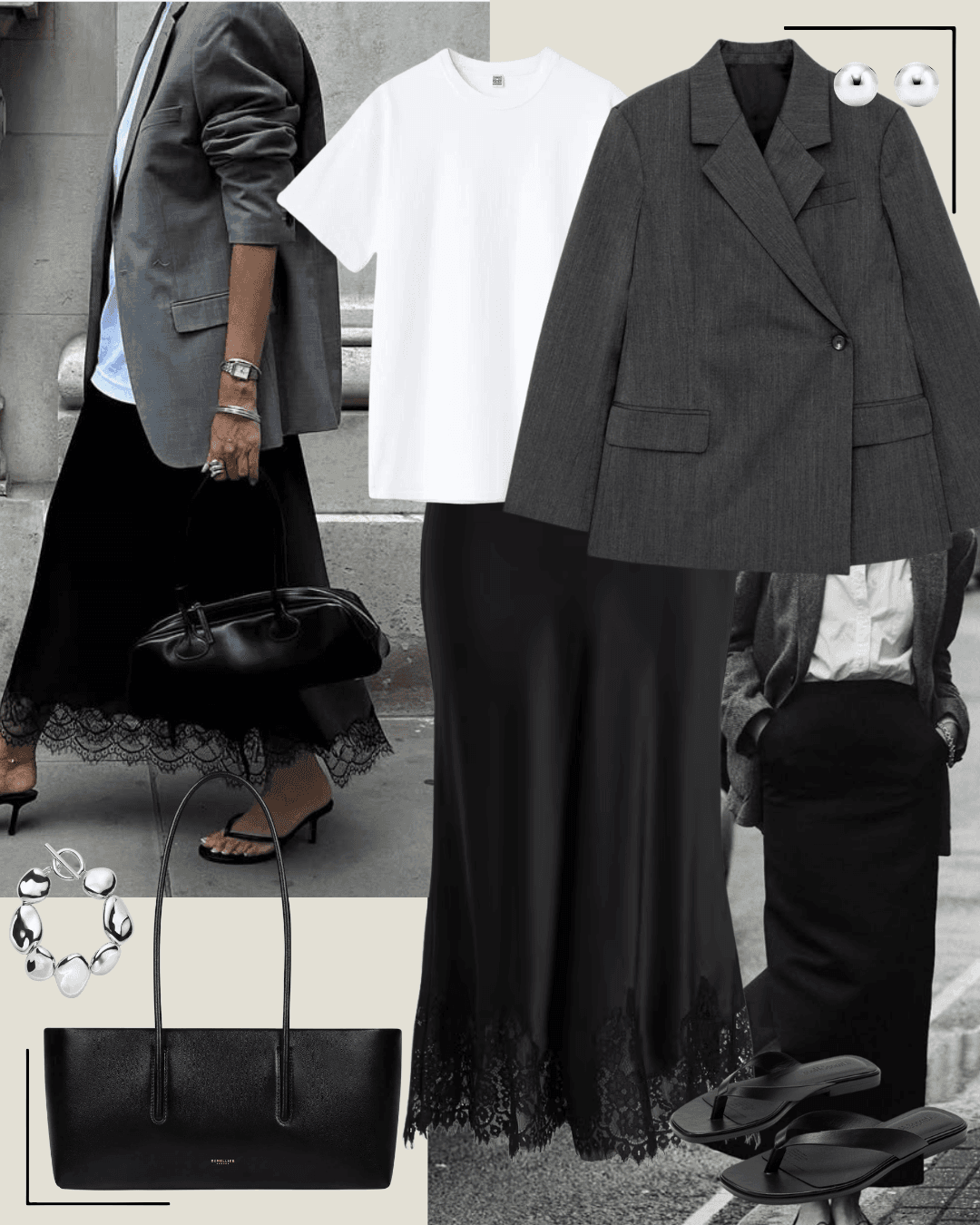 Brown coat with grey jumper, jeans and black heels