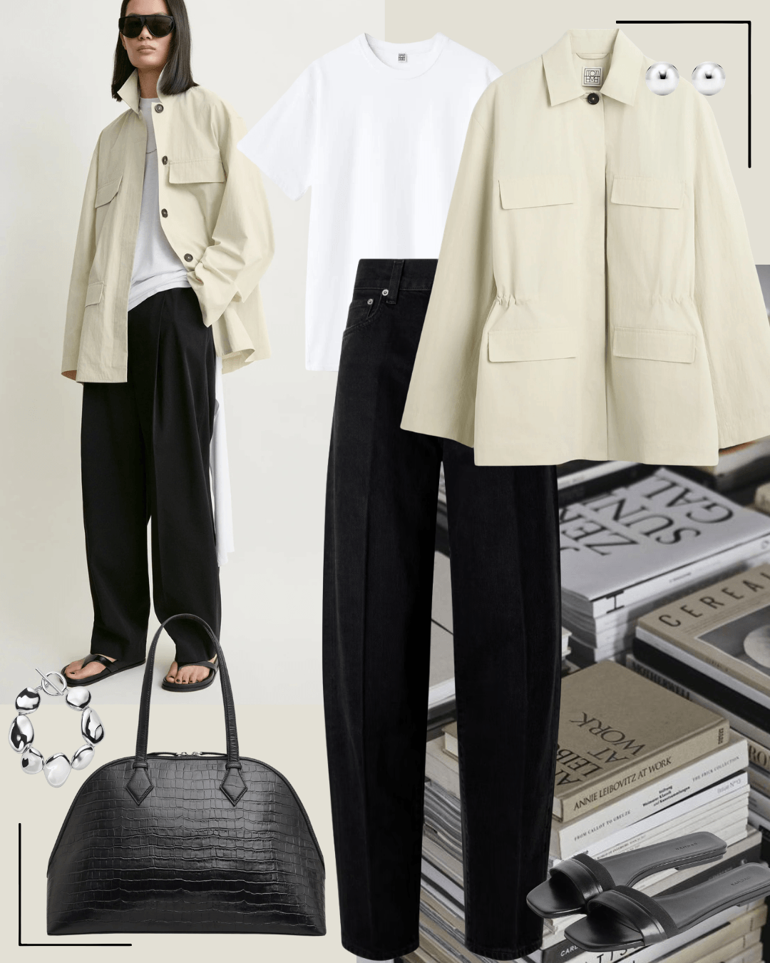 Black blazer, grey short sleeve knit top with jeans and black heels