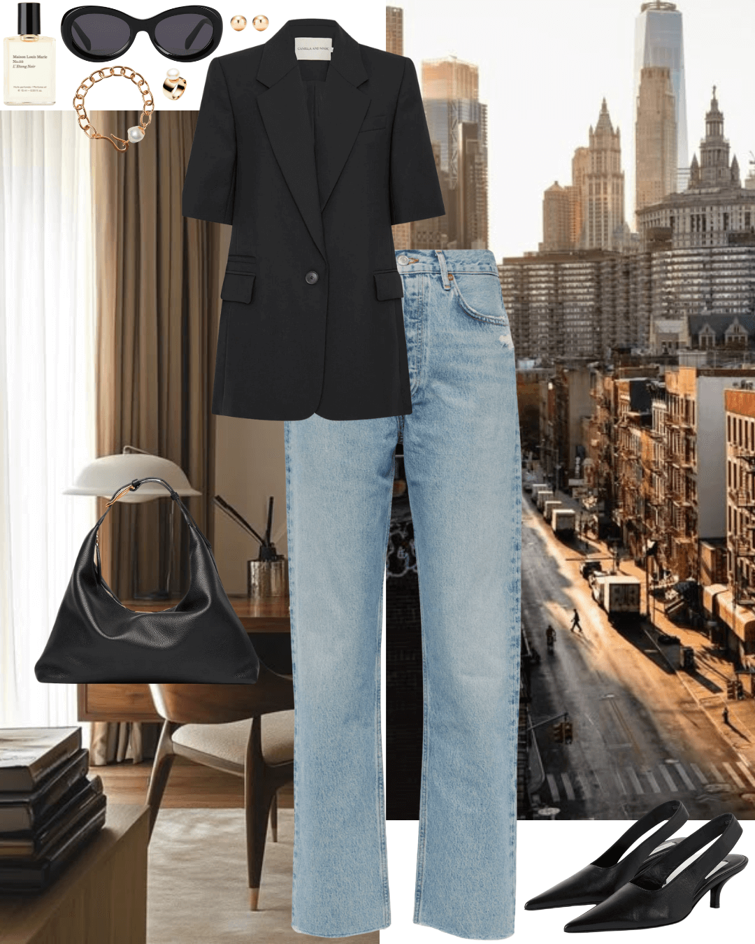 Black short sleeve blazer with jeans and black heels