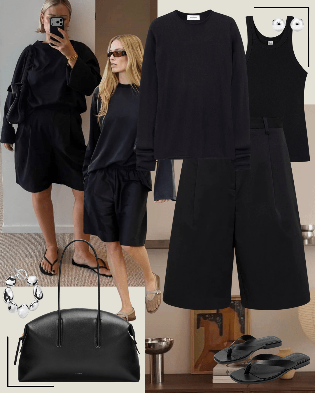 Black vest with cream tailored pants and black heeled sandals
