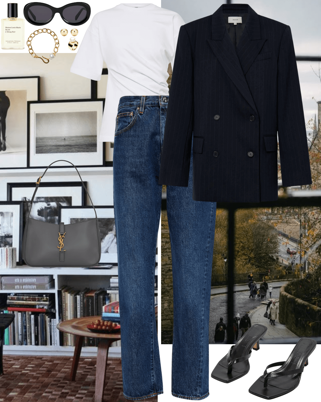 Black blazer and white t-shirt with jeans and black heeled sandals