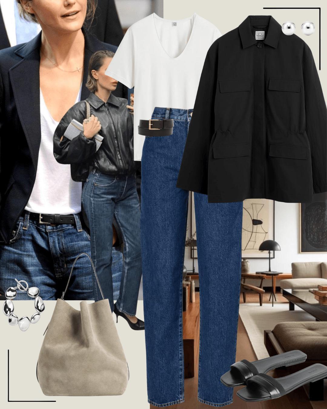 Black short sleeve blazer with jeans and black heels