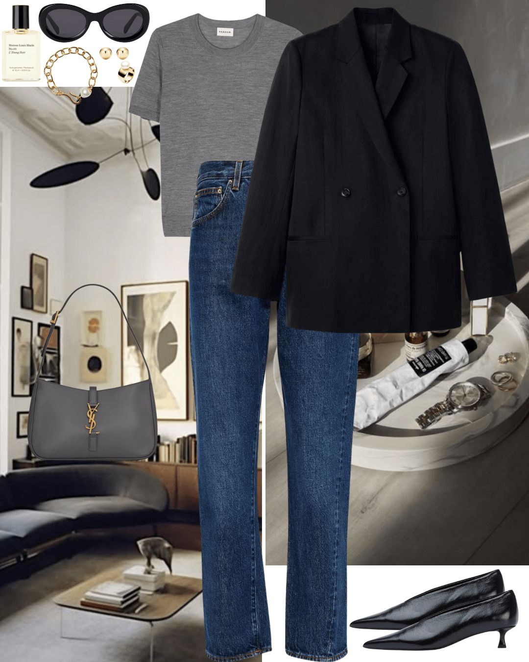 Black blazer, grey short sleeve knit top with jeans and black heels