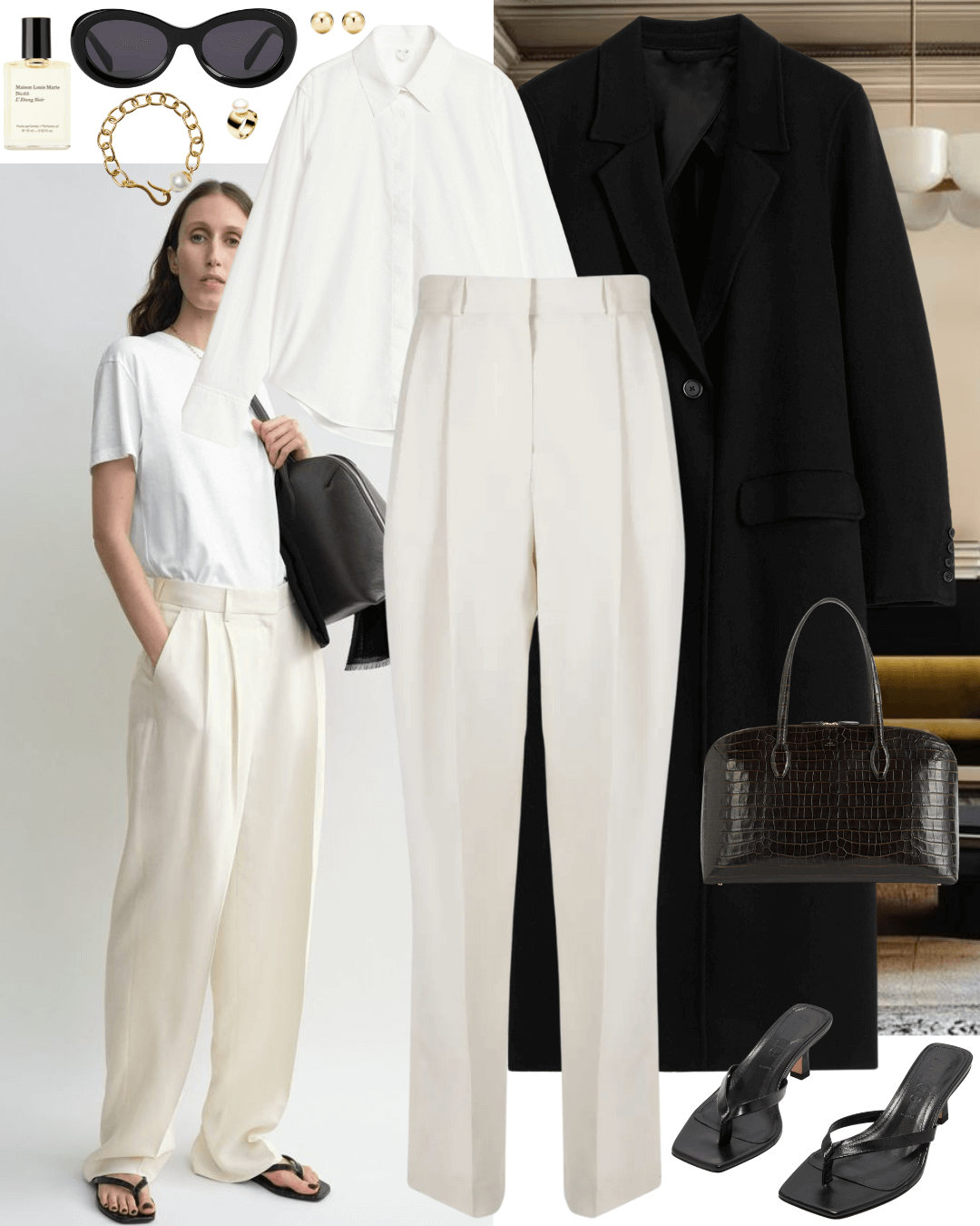 Black coat with white shirt and cream pants with black heeled sandals