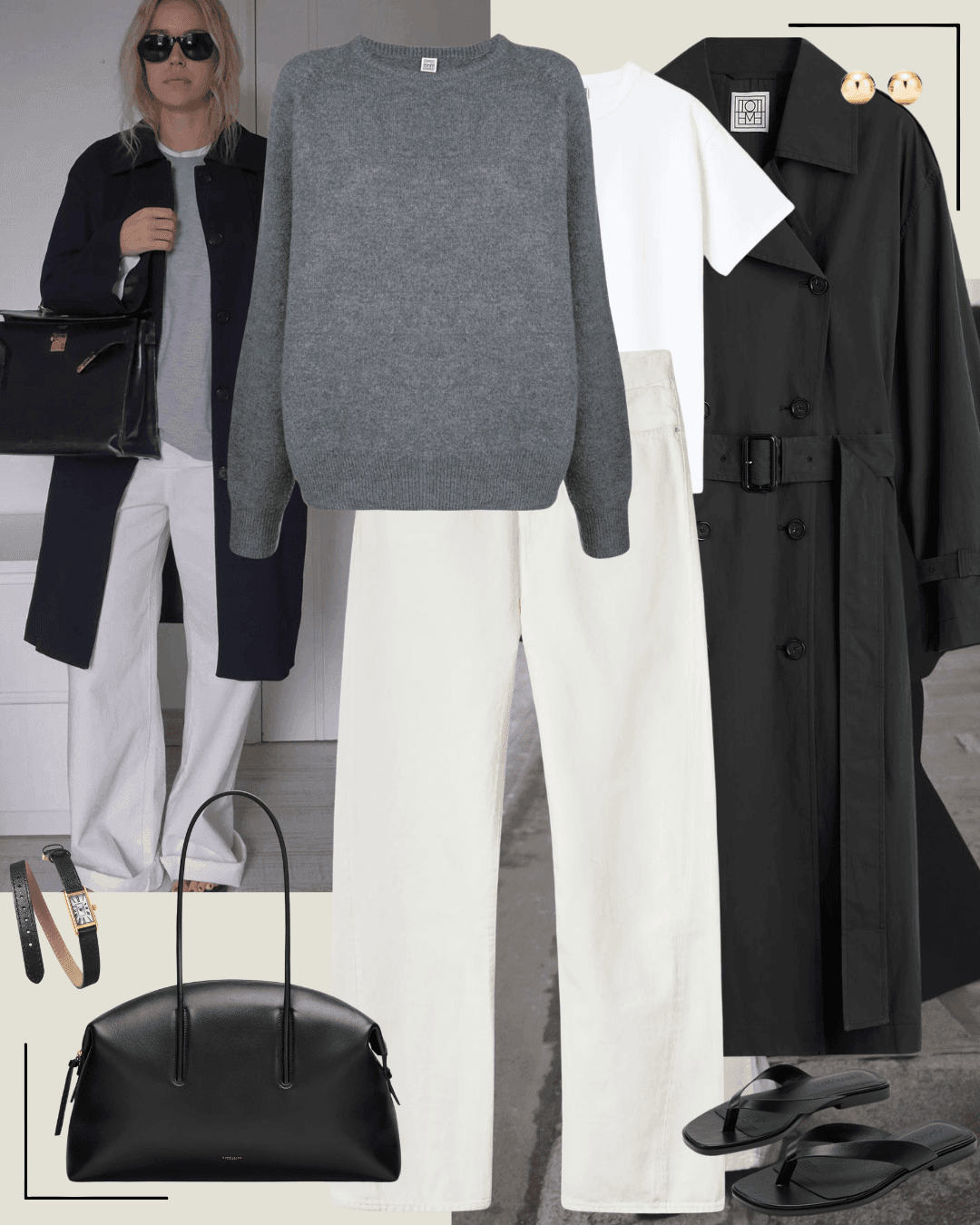 Black coat with black jumper and cream pants with black heels