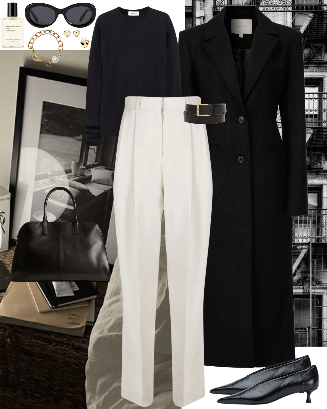 Black coat with black jumper and cream pants with black heels