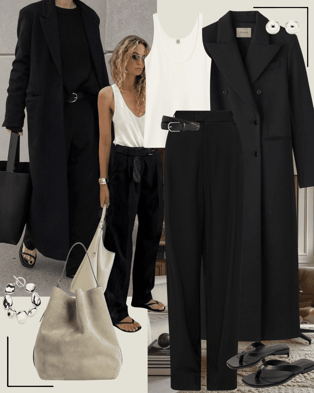 Black coat with grey jumper and cream pants with black heels