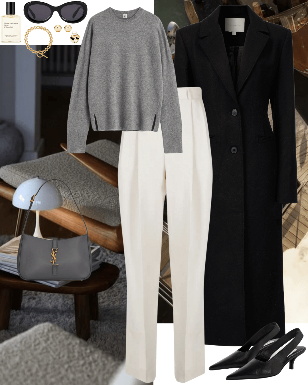 Black coat with grey jumper and cream pants with black heels