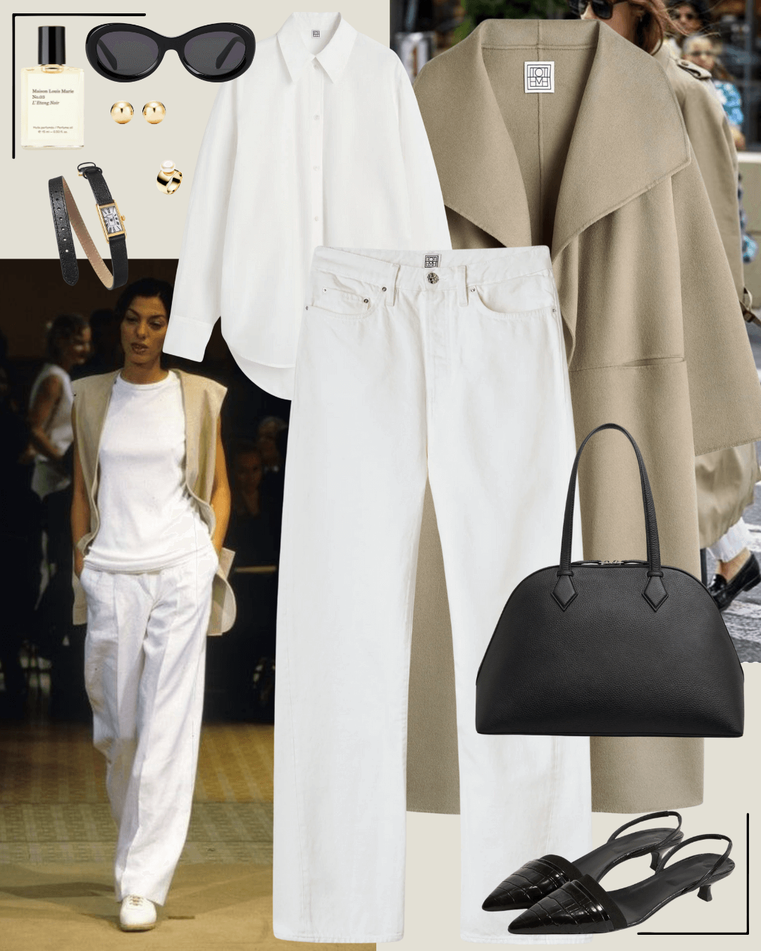 90’s fashion beige coat, white shirt and white jeans