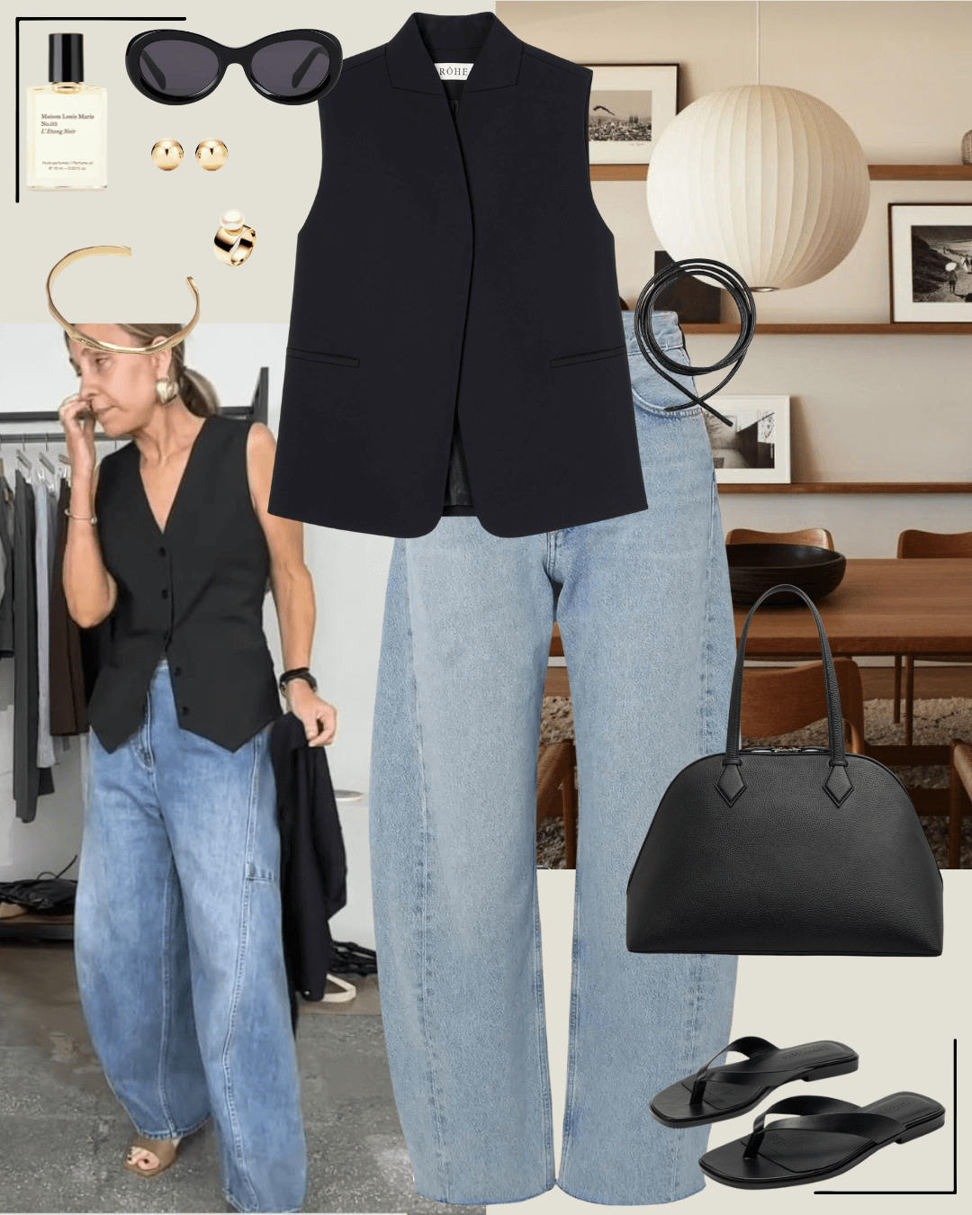 90’s fashion black vest and jeans